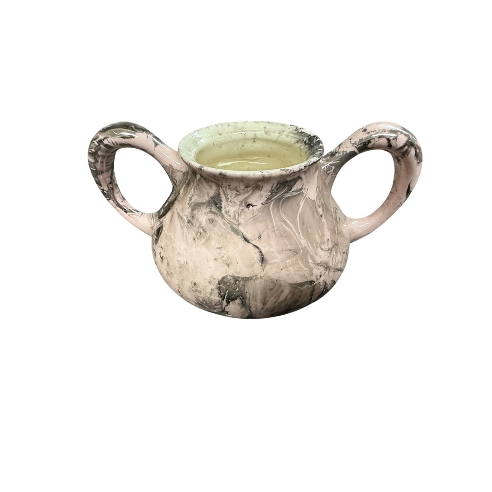 Sascha Brastoff Pink Grey Marbleized Ceramic Double Handled Sugar Bowl Vase
